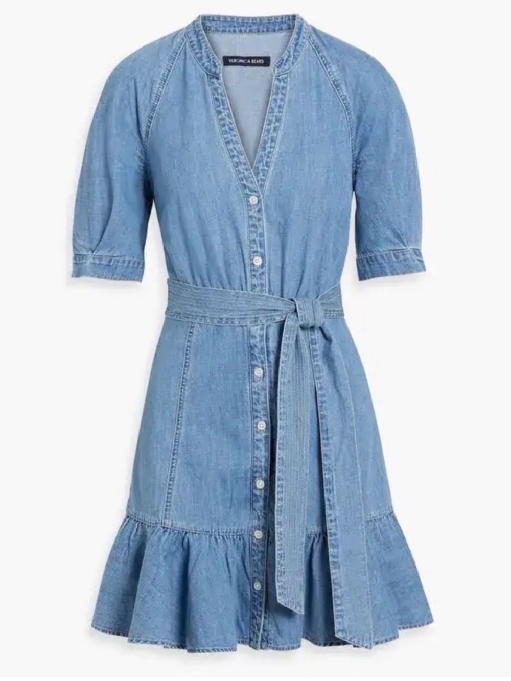 Veronica Beard Light Blue Denim Belted Ruffle-Hem Dress